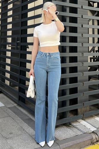 Kadın Buz Mavisi Yırtmaçlı Likralı Çan Paça Jean Pantolon Mg1518