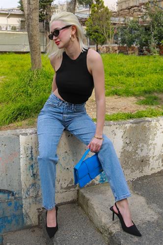Mavi Yüksek Bel Kadın Mom Fit Pantolon Mg2389