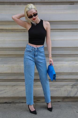 Mavi Yüksek Bel Kadın Mom Fit Pantolon Mg2389