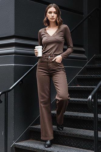 Kahverengi Yüksek Bel Likralı Taşlı Kadın Jean Pantolon MG2271