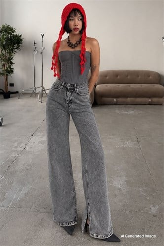 Siyah Yüksek Bel Paçası Yırtmaçlı Kadın Jean MG1384