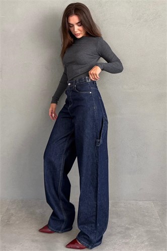 Koyu Lacivert Kargo Kemer Detaylı  Baggy Kadın Jean MG2874