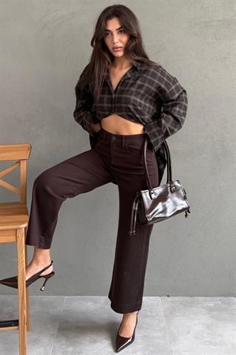 Kahverengi Düz Kesim Geniş Paça Kadın Flared Jean MG2630