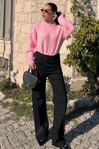 Siyah Serpme Taş Kadın Bol Paça Jean Pantolon MG2273