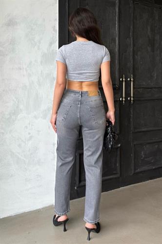 Gri Yüksek Bel Kadın Mom Fit Pantolon Mg2389