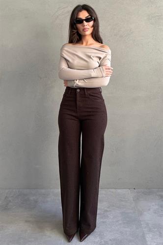 Kahverengi Yüksek Bel Likralı Taşlı Kadın Jean Pantolon MG2271