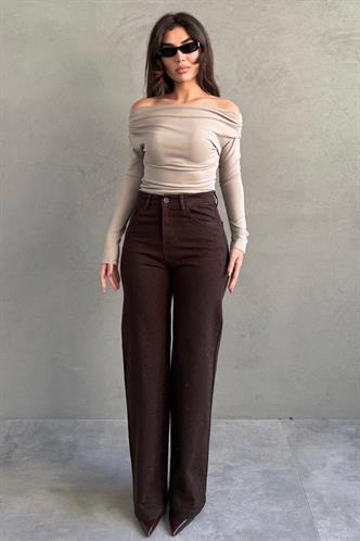 Kahverengi Yüksek Bel Likralı Taşlı Kadın Jean Pantolon MG2271