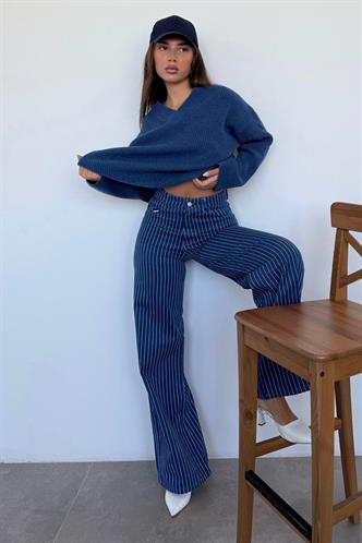Lacivert Çizgili Kadın Jean Pantolon Mg2463