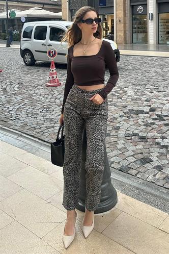 Bej Leopar Kadın Jean Pantolon MG2224