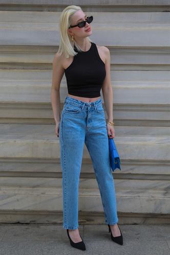 Mavi Yüksek Bel Kadın Mom Fit Pantolon Mg2389