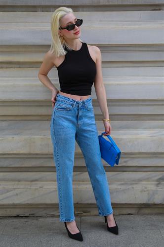 Mavi Yüksek Bel Kadın Mom Fit Pantolon Mg2389