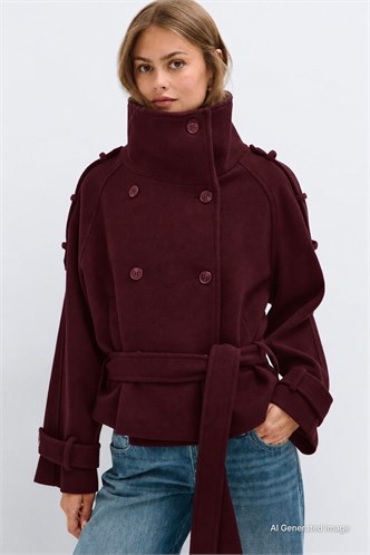 Bordo Dik Yaka Kuşaklı Kaşe Kadın Kaban MG2904