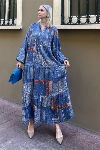 İndigo Bilekleri Lastikli Yarım Düğmeli Hakim Yaka Çiçekli Elbise MG2028
