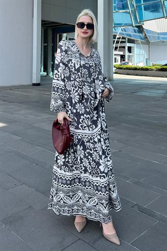 Siyah Oversize Desenli Uzun Elbise MG2055