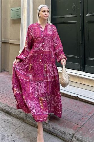 Mor Bilekleri Lastikli Yarım Düğmeli Hakim Yaka Çiçekli Elbise MG2028