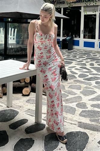 Beyaz Askılı Önü Büzgülü Elbise MG1991