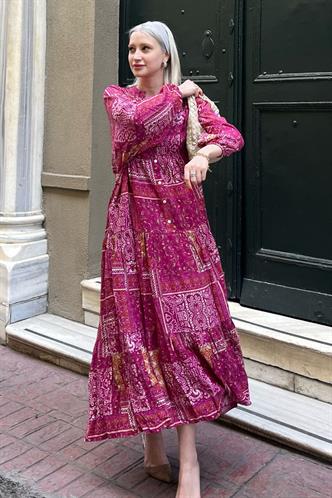 Mor Bilekleri Lastikli Yarım Düğmeli Hakim Yaka Çiçekli Elbise MG2028