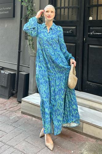 Mavi Bilekleri Lastikli Yarım Düğmeli Polo Yaka Çiçekli Elbise MG2029