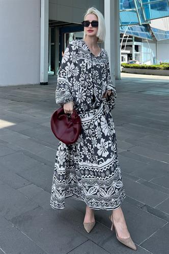 Siyah Oversize Desenli Uzun Elbise MG2055