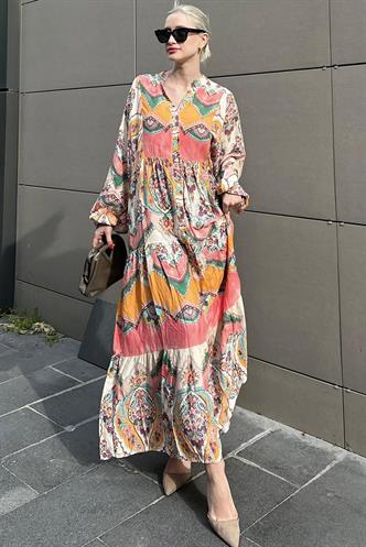 Pembe Bilekleri Lastikli Yarım Düğmeli Hakim Yaka Çiçekli Elbise MG2028