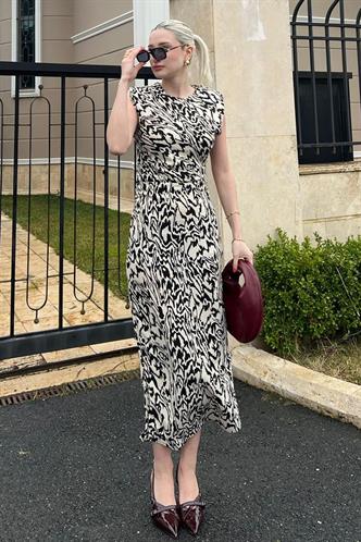 Krem Bisiklet Yaka Desenli Elbise MG2027