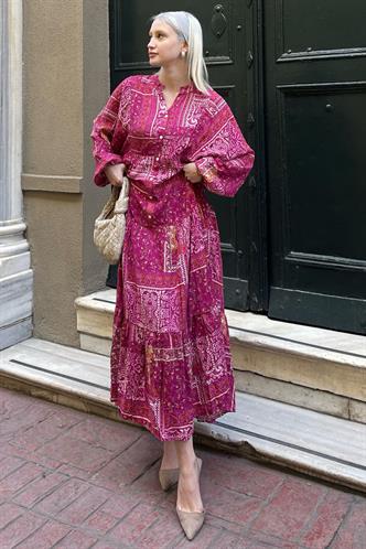 Mor Bilekleri Lastikli Yarım Düğmeli Hakim Yaka Çiçekli Elbise MG2028