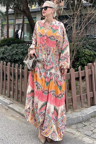 Pembe Bilekleri Lastikli Yarım Düğmeli Hakim Yaka Çiçekli Elbise MG2028