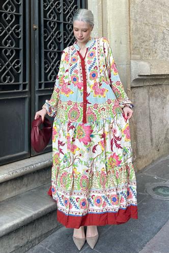 Bej Bilekleri Lastikli Yarım Düğmeli Hakim Yaka Çiçekli Elbise MG2028