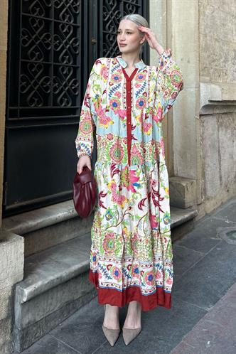 Bej Bilekleri Lastikli Yarım Düğmeli Hakim Yaka Çiçekli Elbise MG2028