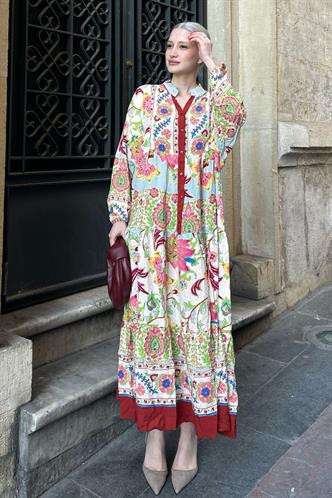 Bej Bilekleri Lastikli Yarım Düğmeli Hakim Yaka Çiçekli Elbise MG2028