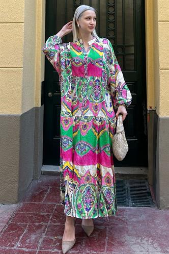 Yeşil Bilekleri Lastikli Yarım Düğmeli Hakim Yaka Çiçekli Elbise MG2028