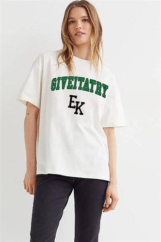 Kadın Beyaz Baskılı Oversize T-shirt MG1318