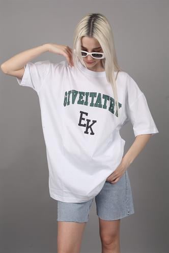 Kadın Beyaz Baskılı Oversize T-shirt MG1318
