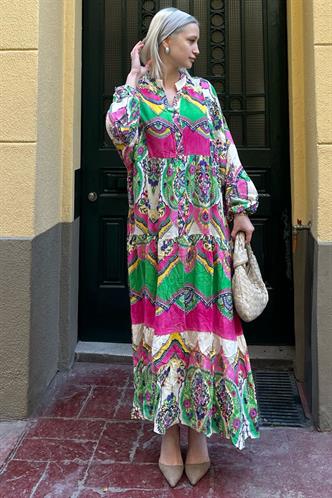 Yeşil Bilekleri Lastikli Yarım Düğmeli Hakim Yaka Çiçekli Elbise MG2028