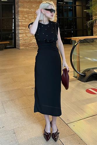 Siyah Taş Detaylı Bisiklet Yaka Elbise MG2053