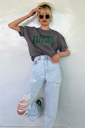 Kadın Füme Baskılı Oversize T-shirt MG1230