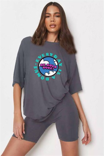 Kadın Füme Baskılı Oversize T-shirt MG948