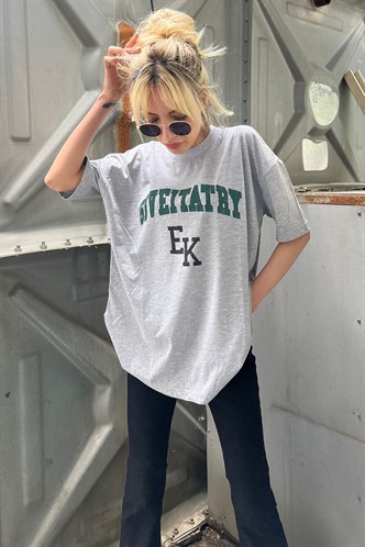 Kadın Gri Baskılı Oversize T-shirt MG1318