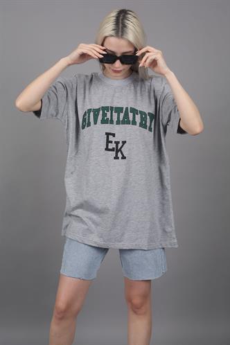 Kadın Gri Baskılı Oversize T-shirt MG1318