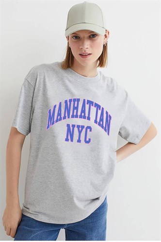 Kadın Gri Baskılı Oversize T-shirt MG1231