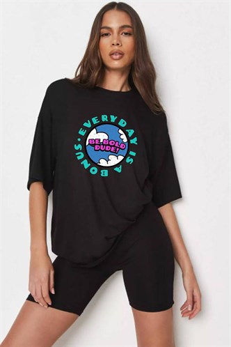 Kadın Siyah Baskılı Oversize T-shirt MG948