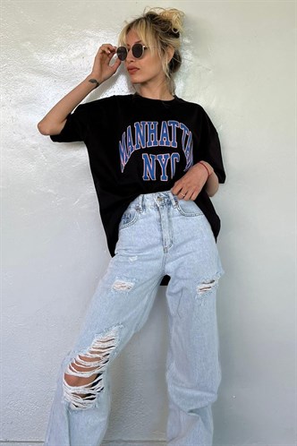 Kadın Siyah Baskılı Oversize T-shirt MG1231