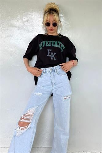 Kadın Siyah Baskılı Oversize T-shirt MG1318