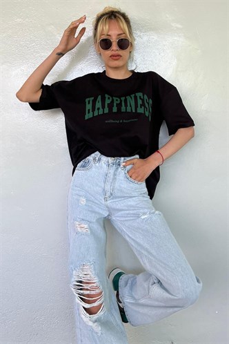 Women Printed Oversize Black T-Shirt MG1230