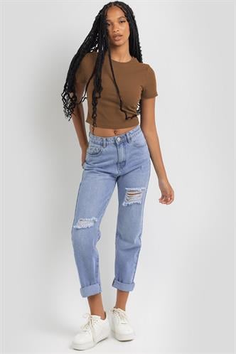 Kahverengi Basic Crop Kadın Tişört MG1772
