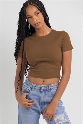 Kahverengi Basic Crop Kadın Tişört MG1772