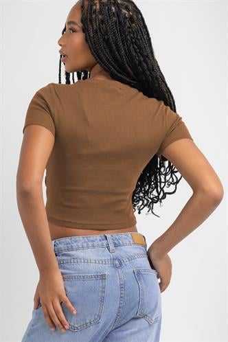 Kahverengi Basic Crop Kadın Tişört MG1772