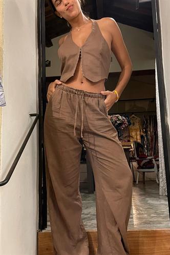 Kahverengi Beli Büzgülü Wide Leg Kumaş Pantolon MG1950