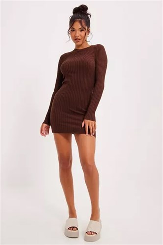Kahverengi Bodycon Fitilli Mini Elbise MG1710
