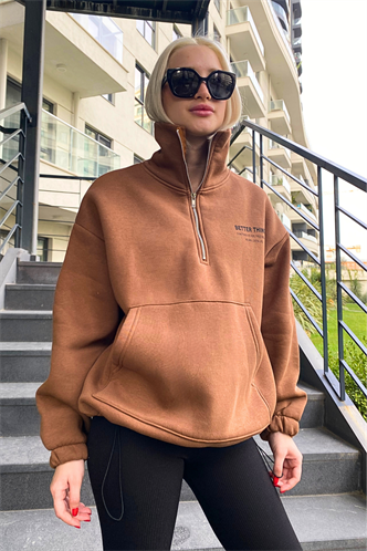 Kahverengi Dik Yaka Fermuarlı Kadın Sweatshirt MG1935